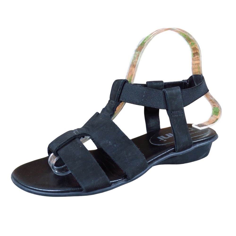 Umberto Raffini Womens Strappy Sandal Sz 37 Casual Comfort Low Wedge Black Suede